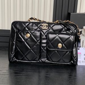 Chanel Bowling Bag with Two Pockets in Shiny Calfskin Black