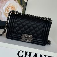 Chanel A67085 Boy Bag in Texture Calfskin Black/Grey