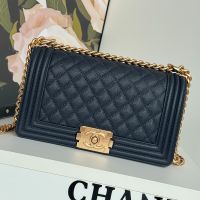 Chanel A67086 Boy Bag in Texture Calfskin Navy Blue