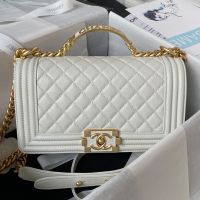 Chanel A94804 Boy Bag with Top Handle in Grained Calfskin White