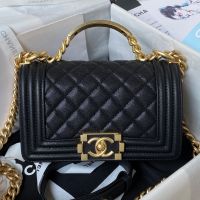 Chanel A94805 Boy Bag with Top Handle in Grained Calfskin Black