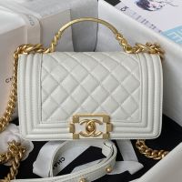 Chanel A94805 Boy Bag with Top Handle in Grained Calfskin White