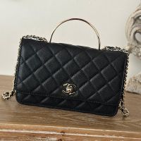 Chanel 66008 Clutch with Metal Enamel Handle in Grained Calfskin Black