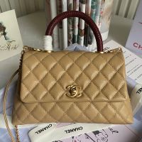 Chanel A92990 Flap Bag with Top Handle in Grained Calfskin Khaki/Red