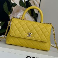 Chanel A92990 Flap Bag with Top Handle in Grained Calfskin Yellow