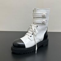 Chanel Ankle Boots with Double Enamel Buckle Women in Shiny Calfskin White