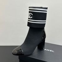 Chanel Ankle Boots with Embroidery Logo Women in Knit and Patent Leather Black