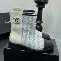 Chanel Ankle Boots with Strass Enamel Logo Women in Calfskin and Tweed Beige/Grey