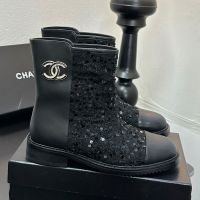 Chanel Ankle Boots with Strass Enamel Logo Women in Calfskin and Tweed Black