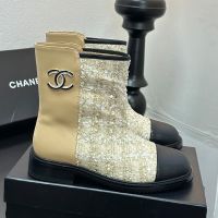 Chanel Ankle Boots with Strass Enamel Logo Women in Calfskin and Tweed Brown