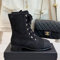 Chanel Ankle Boots with Camellia Embroidery Women in Lace and Grosgrain Black