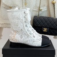 Chanel Ankle Boots with Camellia Embroidery Women in Lace and Grosgrain White