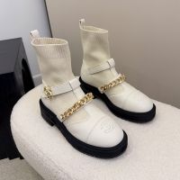 Chanel Ankle Boots with CC Buckle Chain Women in Knit and Calfskin Beige