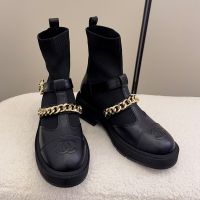 Chanel Ankle Boots with CC Buckle Chain Women in Knit and Calfskin Black
