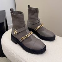 Chanel Ankle Boots with CC Buckle Chain Women in Knit and Calfskin Coffee