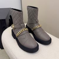 Chanel Ankle Boots with CC Buckle Chain Women in Quilted Calfskin Coffee