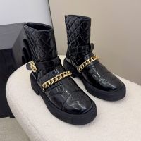 Chanel Ankle Boots with CC Buckle Chain Women in Shiny Quilted Calfskin Black