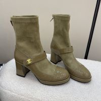 Chanel Ankle Boots with CC Buckle Women in Suede and Patent Leather Light Green