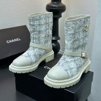Chanel Ankle Boots with Metal CC Logo Women in Tweed and Calfskin Beige