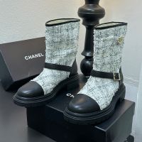 Chanel Ankle Boots with Metal CC Logo Women in Tweed and Calfskin Black