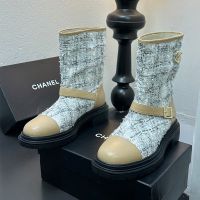 Chanel Ankle Boots with Metal CC Logo Women in Tweed and Calfskin Brown