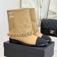 Chanel Ankle Boots with Metal Chain Women in Lambskin and Grosgrain Brown