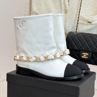 Chanel Ankle Boots with Metal Chain Women in Lambskin and Grosgrain White