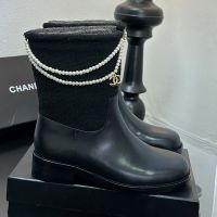 Chanel Ankle Boots with Pearl Chain Women in Fabric and Calfskin Black