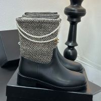 Chanel Ankle Boots with Pearl Chain Women in Fabric and Calfskin Black/Grey
