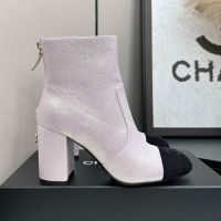 Chanel Ankle Boots with Strass Logo Women in Glitter Grosgrain Pink