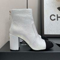Chanel Ankle Boots with Strass Logo Women in Glitter Grosgrain Silver