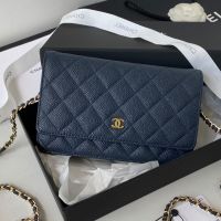 Chanel AP0250 Classic Wallet On Chain in Grained Calfskin Navy Blue