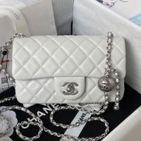 Chanel AS1787 Mini Flap Bag with Sphere Ball Strap in Lambskin White/Silver