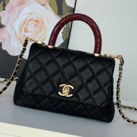 Chanel AS2215 Mini Flap Bag with Top Handle in Texture Calfskin Black/Burgundy