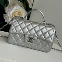 Chanel AS2431 Mini Classic Handbag With Top Handle in Texture Calfskin Silver
