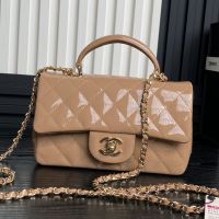 Chanel AS2431 Mini Classic Handbag With Top Handle in Patent Leather Apricot
