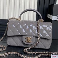 Chanel AS2431 Mini Classic Handbag With Top Handle in Patent Leather Grey