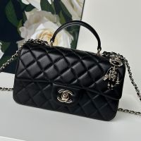 Chanel AS2431 Mini Classic Handbag With Top Handle and Lion Charm in Lambskin Black/Silver