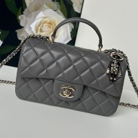 Chanel AS2431 Mini Classic Handbag With Top Handle and Lion Charm in Lambskin Dark Grey