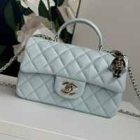 Chanel AS2431 Mini Classic Handbag With Top Handle and Lion Charm in Lambskin Light Blue