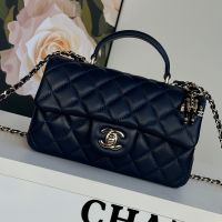 Chanel AS2431 Mini Classic Handbag With Top Handle and Lion Charm in Lambskin Navy Blue