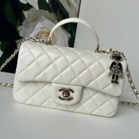 Chanel AS2431 Mini Classic Handbag With Top Handle and Lion Charm in Lambskin White