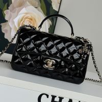 Chanel AS2431 Mini Classic Handbag With Top Handle and Lion Charm in Patent Leather Black