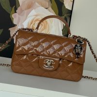 Chanel AS2431 Mini Classic Handbag With Top Handle and Lion Charm in Patent Leather Brown
