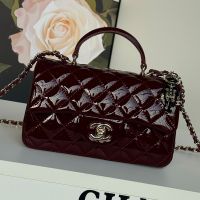 Chanel AS2431 Mini Classic Handbag With Top Handle and Lion Charm in Patent Leather Burgundy