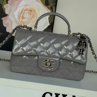 Chanel AS2431 Mini Classic Handbag With Top Handle and Lion Charm in Patent Leather Gray