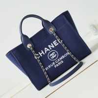Chanel AS3257 Deauville Small Shopping Bag in Canvas Navy Blue