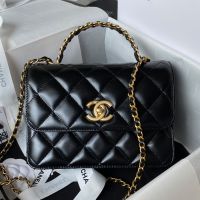 Chanel AS3886 Mini Flap Bag with Top Handle in Shiny Calfskin Black