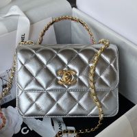 Chanel AS3886 Mini Flap Bag with Top Handle in Shiny Calfskin Silver