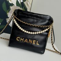 Chanel AS3980 22 Mini Handbag with Pearls Chain in Shiny Calfskin Black